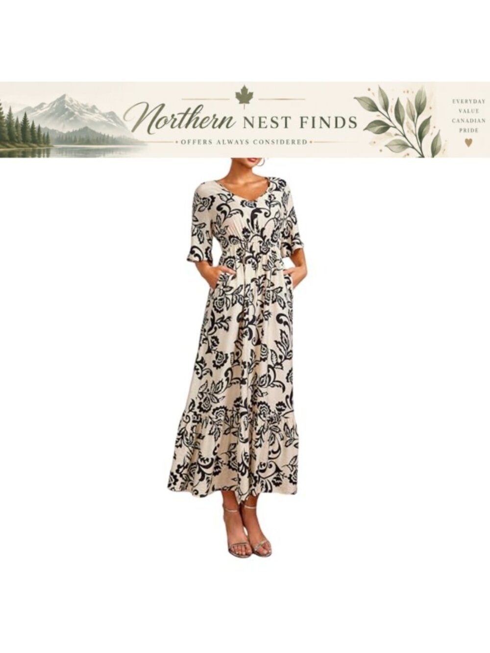 Women's Floral Maxi Dress V-Neck Short Sleeve Flowy A-Line Pockets